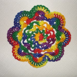 New Handmade Crocheted &quot;Eight Shells&quot; Coaster/Doily in Mexicana (Variegated Red, Orange, Yellow, Green, Blue, and Purple)