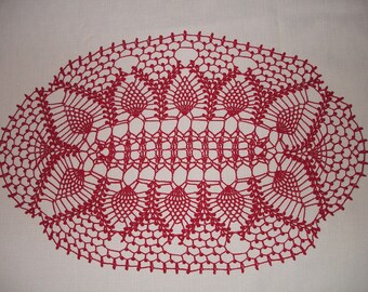 New Handmade Oval Crocheted Pineapple Filigree Doily in Victory Red 15" x 22"