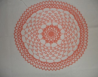 New Handmade Crocheted Diamond Bright Doily in Peach 15.5"