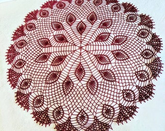 New Handmade Crocheted Peacock Feathers Doily/Tabletopper in Burgundy 26"