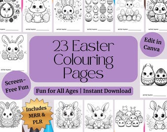 23 Easter Colouring Pages | Fun Printable Activities for Kids (Editable Canva Templates, PLR + MRR)