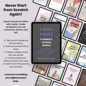 Pu&ograve; includere: Un tablet digitale mostra una pubblicit&agrave; per un pacchetto di oltre 9.000 pagine di agende e diari, circondato da vari modelli di copertine. Il testo recita Never Start from Scratch Again, 9,000+ Pages Planner & Journal Bundle, 290 Editable Canva Templates + Mock Ups & Reels, Includes PLR & MRR.