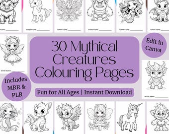 Mythical Creatures Coloring Pages | 30 Fantasy Printables | Editable Canva Template with PLR + MRR