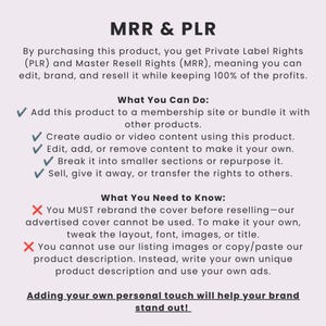 Pu&ograve; includere: Un'infografica digitale intitolata MRR & PLR che dettaglia i diritti di utilizzo. Elenca permessi come modificare, raggruppare e rivendere contenuti, insieme ai requisiti per rinominare le copertine e creare descrizioni originali per la rivendita.