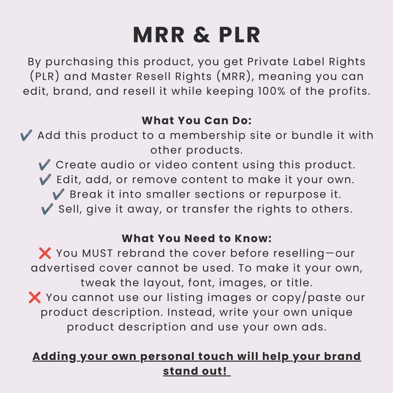 Pu&ograve; includere: Un'infografica digitale intitolata MRR & PLR che dettaglia i diritti di utilizzo. Elenca permessi come modificare, raggruppare e rivendere contenuti, insieme ai requisiti per rinominare le copertine e creare descrizioni originali per la rivendita.