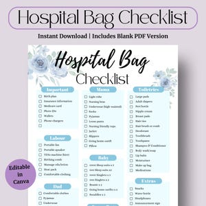 May include: A checklist for packing a hospital bag for a new parent. The checklist is divided into sections for important items, mama, baby, labor, dad, toiletries, and extras. The checklist is decorated with blue and white floral illustrations.