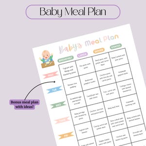 May include: A printable baby meal plan with a colorful design. The meal plan includes breakfast, lunch, dinner, and snack ideas for each day of the week. The days of the week are labeled with different colors. The meal plan includes a variety of foods, such as yogurt, fruit, vegetables, and meat.