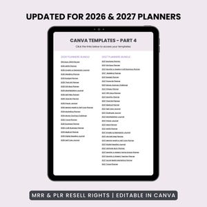 Pu&ograve; includere: Uno schermo di tablet digitale che mostra un elenco di modelli Canva per agende 2026 e 2027. Il testo include le intestazioni UPDATED FOR 2026 & 2027 PLANNERS, CANVA TEMPLATES - PART 4 e MRR & PLR RESELL RIGHTS | EDITABLE IN CANVA in basso.