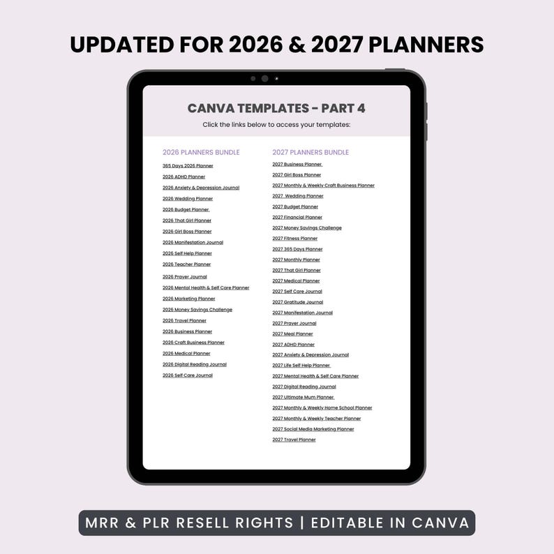 Pu&ograve; includere: Uno schermo di tablet digitale che mostra un elenco di modelli Canva per agende 2026 e 2027. Il testo include le intestazioni UPDATED FOR 2026 & 2027 PLANNERS, CANVA TEMPLATES - PART 4 e MRR & PLR RESELL RIGHTS | EDITABLE IN CANVA in basso.