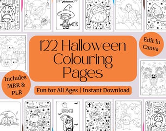 Halloween Coloring Pages Bundle | 122 Printable Pages for Kids (PLR + MRR Included)