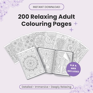 Paquete de 200 páginas para colorear relajantes para adultos / Plantilla editable de Canva / PLR + MRR