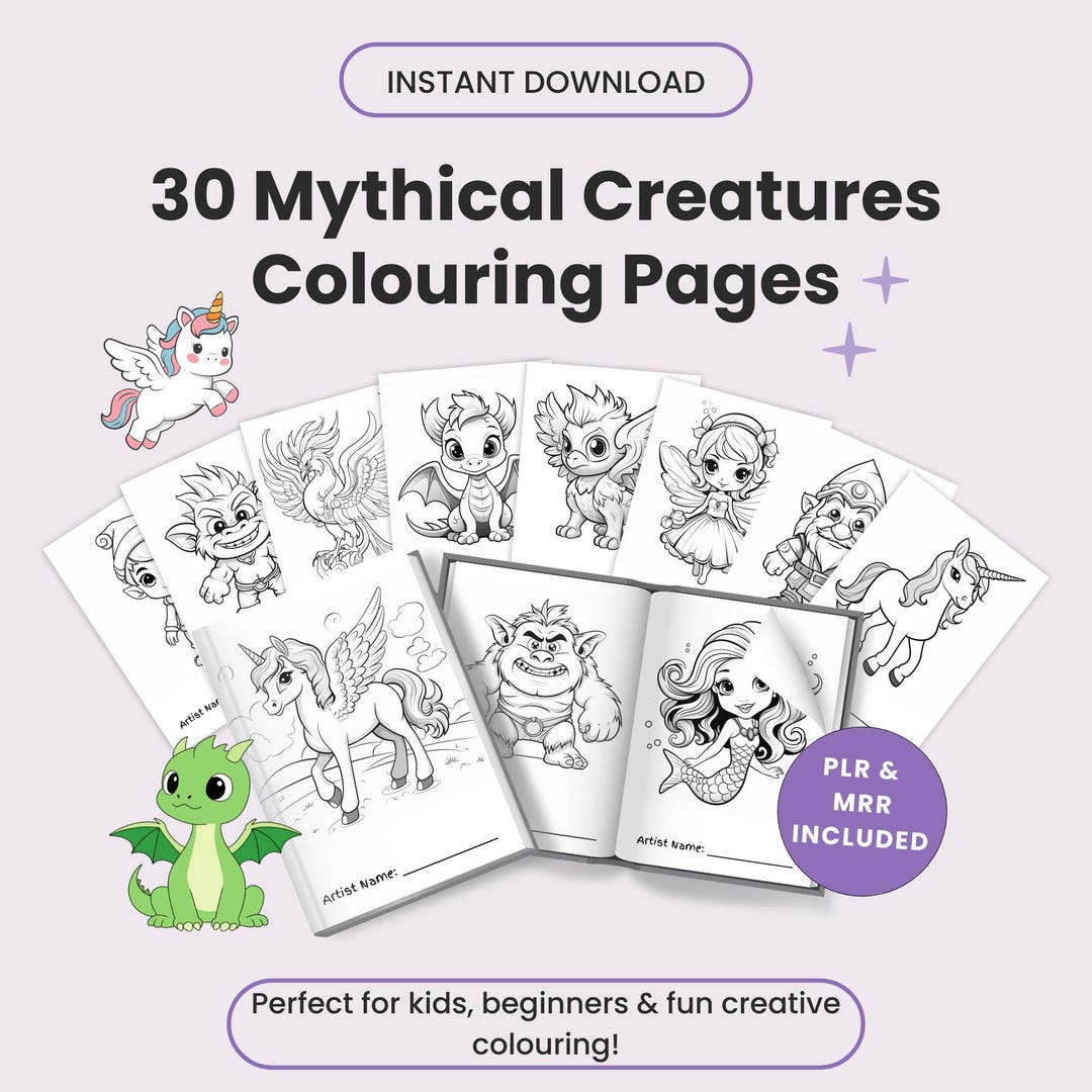 30 Mythical Creatures Colouring Pages Mini Bundle | PLR & MRR | Fantasy ...