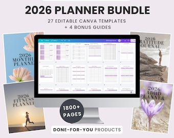 May include: A 2026 planner bundle featuring 27 editable Canva templates and 4 bonus guides. The display shows a computer monitor with multiple grid-based planning pages, surrounded by four cover designs for monthly, gratitude, fitness, and ADHD planners.