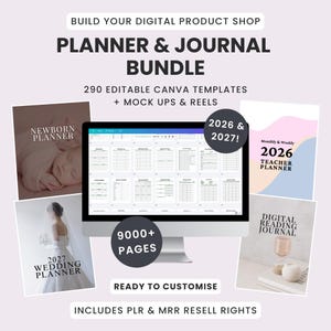 Paquete de agenda y diario PLR / 290 plantillas editables de Canva / Productos digitales MRR con derechos de reventa