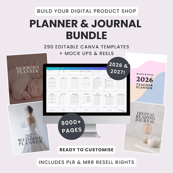 PLR Planner & Journal Bundle | 290 Editable Canva Templates | MRR Digital Products With Resell Rights