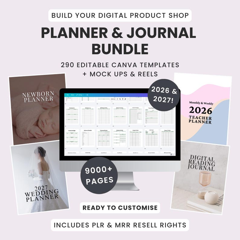 Pu&ograve; includere: Un pacchetto di prodotti digitali con 290 modelli Canva modificabili, mockup e reel. Il display include un monitor di computer che mostra pagine di agenda, circondato da copertine per un'agenda per neonati, un'agenda per insegnanti 2026, un'agenda per matrimoni 2027 e un diario di lettura digitale.