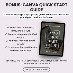 Pu&ograve; includere: Una guida rapida di 65 pagine per Canva visualizzata sullo schermo di un tablet. Il testo include istruzioni per modificare testo, caratteri e colori, sostituire immagini, regolare i layout, aggiungere loghi ed esportare i file digitali.