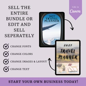 May include: Two digital tablets displaying travel planner designs. One shows a view from an airplane window, the other features travel-related images. Text includes "2027 Travel Planner" and prompts to edit fonts, colors, images, and text.