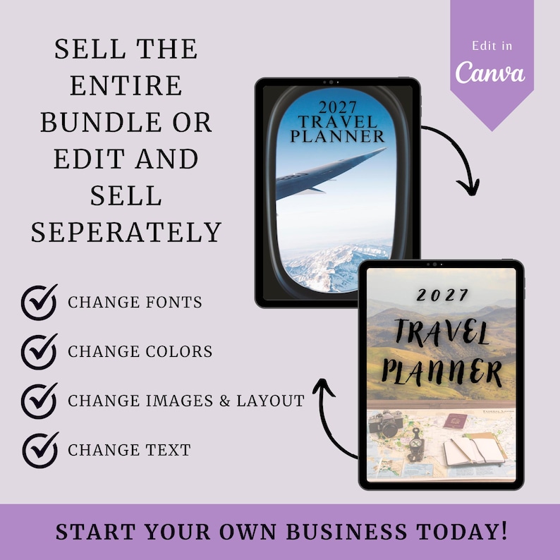 May include: Two digital tablets displaying travel planner designs. One shows a view from an airplane window, the other features travel-related images. Text includes "2027 Travel Planner" and prompts to edit fonts, colors, images, and text.