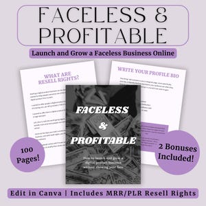 Pode incluir: Gráfico promocional com o texto "FACELESS & PROFITABLE" e "Launch and Grow a Faceless Business Online". Inclui páginas com texto, uma capa de livro e o texto "100 páginas!" e "2 bónus incluídos!"