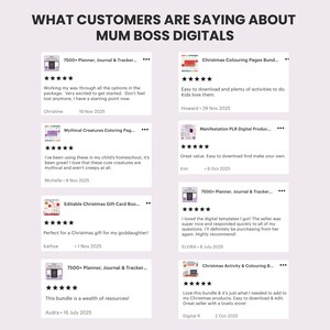 Pu&ograve; includere: Un grafico digitale che mostra le recensioni dei clienti per Mum Boss Digitals. Il layout presenta otto schede di recensione individuali, ciascuna con una valutazione a cinque stelle, titoli di prodotti, nomi dei clienti, date e feedback scritto.