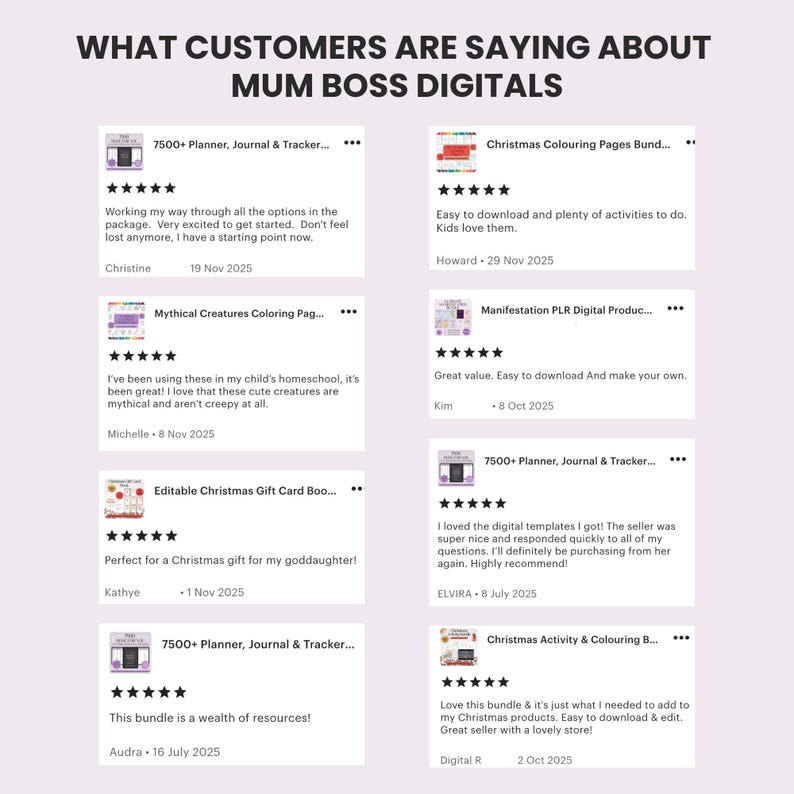 Pu&ograve; includere: Un grafico digitale che mostra le recensioni dei clienti per Mum Boss Digitals. Il layout presenta otto schede di recensione individuali, ciascuna con una valutazione a cinque stelle, titoli di prodotti, nomi dei clienti, date e feedback scritto.