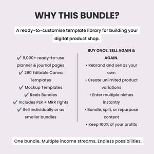 Pu&ograve; includere: Una libreria di modelli di prodotti digitali intitolata WHY THIS BUNDLE? con oltre 9.000 pagine di planner, 290 modelli Canva, mockup e pacchetti di reels. Include diritti PLR e MRR per rinominare, vendere e trattenere il 100% dei profitti.