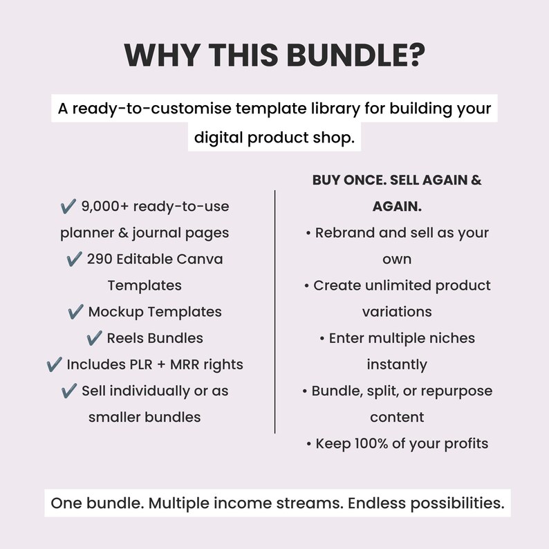 Pu&ograve; includere: Una libreria di modelli di prodotti digitali intitolata WHY THIS BUNDLE? con oltre 9.000 pagine di planner, 290 modelli Canva, mockup e pacchetti di reels. Include diritti PLR e MRR per rinominare, vendere e trattenere il 100% dei profitti.