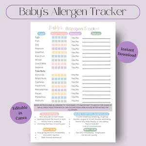 Registro degli allergeni per neonati stampabile / Registro delle allergie alimentari per neonati e tabella dello svezzamento / Registro degli alimenti solidi in formato PDF / Download digitale immediato
