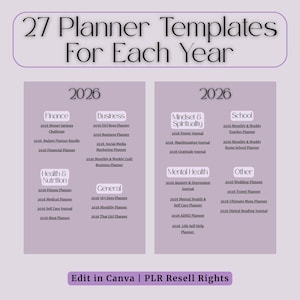 May include: A digital planner template with 27 options for each year, including finance, business, health, and mental health. The image features a light purple background with text that reads "27 Planner Templates For Each Year."