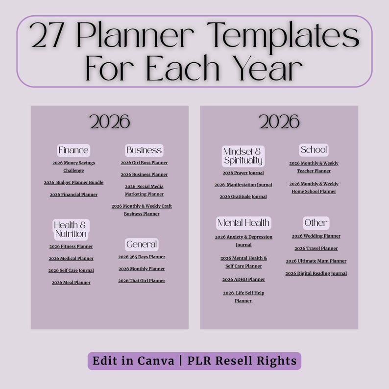 May include: A digital planner template with 27 options for each year, including finance, business, health, and mental health. The image features a light purple background with text that reads "27 Planner Templates For Each Year."