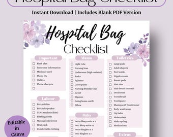 Purple Hospital Bag Checklist – Labour & Delivery Packing List for Mum and Baby (Printable PDF)