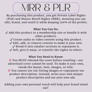 May include: A light purple graphic with the text "MRR & PLR" at the top. The text explains private label and master resell rights, detailing what can be done and what to know. Bullet points list actions like adding to a membership site and creating content.