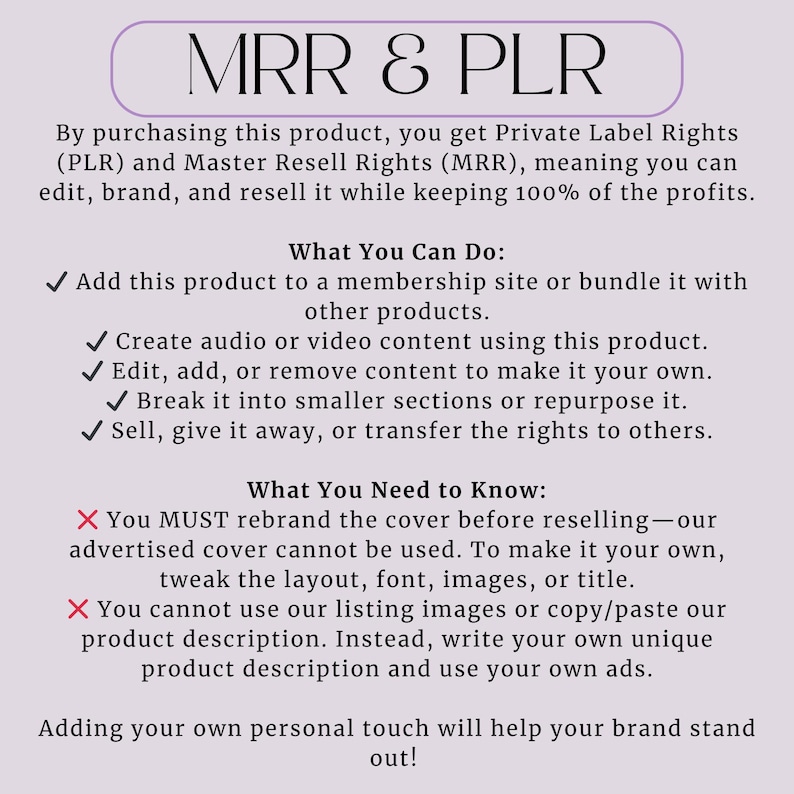 May include: A light purple graphic with the text "MRR & PLR" at the top. The text explains private label and master resell rights, detailing what can be done and what to know. Bullet points list actions like adding to a membership site and creating content.