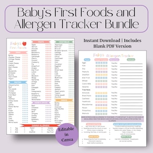 Pacchetto di monitoraggio di alimenti solidi e allergeni / Registro di alimentazione del bambino stampabile / Tabella BLW / Pianificatore dello svezzamento in PDF / Monitoraggio dei pasti per neonati / Download immediato
