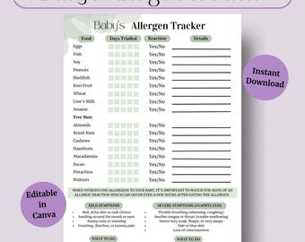 Sage Green Baby Food Allergen Tracker – Infant Allergy Journal & Weaning Log (Digital Download PDF)
