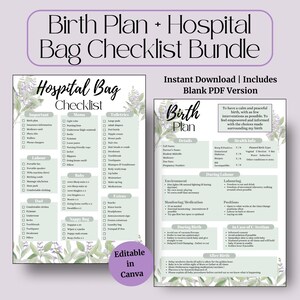 Checkliste + Geburtsplan-Vorlage | Druckbarer Arbeitsvorbereitungsplan für Mama & Baby | Krankenhaus Packliste PDF