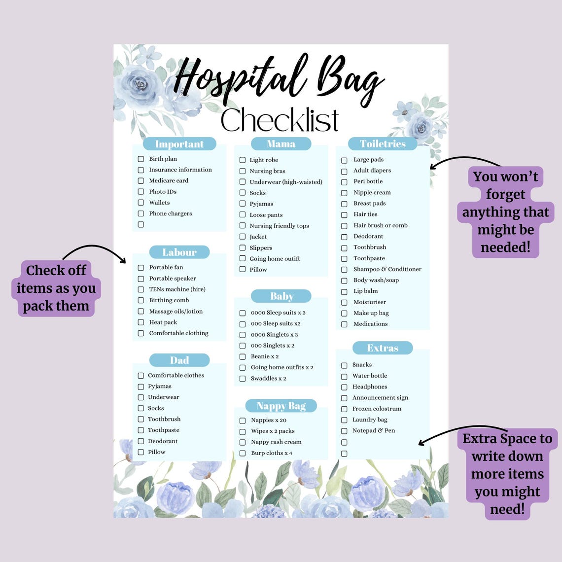 Blue Tape Checklist.pdf Blue Hospital Bag Checklist – Labour & Delivery Packing List for Mum ...