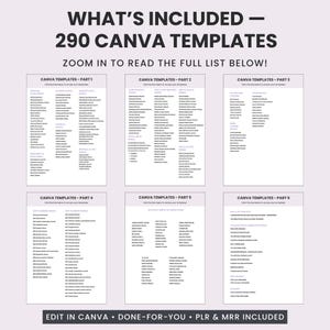 Pu&ograve; includere: Un documento digitale intitolato WHAT'S INCLUDED - 290 CANVA TEMPLATES, che presenta sei sezioni distinte etichettate CANVA TEMPLATES - PART 1 a PART 6. Ogni sezione contiene un elenco di varie categorie di modelli in testo nero.