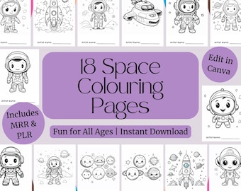Space Coloring Pages | 18 Printable Cosmic Designs | Editable Canva Templates with PLR + MRR