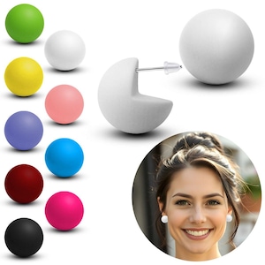 May include: A collection of colorful round stud earrings in various colors, including green, yellow, pink, blue, red, and black. One pair of white earrings is shown in detail, with a woman wearing a pair of white earrings.