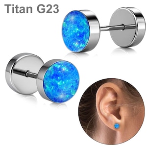 Könnte beinhalten: Zwei silberfarbene, runde Ohrstecker mit einem leuchtend blauen, opalartigen Mittelteil. Die Ohrringe werden neben einem Ohr mit einem passenden Ohrring gezeigt. Der Text "Titan G23" befindet sich in der oberen linken Ecke.
