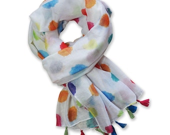 Damen Sommerschal Wasserfarben Weiß Bunte Farbkleckse Quasten Leicht 180x80 cm