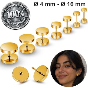 May include: Gold-colored stainless steel stud earrings in various sizes, ranging from 4 mm to 16 mm in diameter. The earrings have a flat, disc-like design and are displayed with a woman wearing a pair. The image includes a logo that says "Stainless Steel 100% Premium Jewelry."