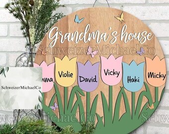 Oma's tuin rond houten bord, gepersonaliseerd oma moeders huis vol met tulp kinderen houten bord, welkomstbord voordeur, bloemendeurbord