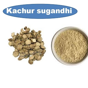 May include: Dried Kachur Sugandhi root pieces and ground powder in a white bowl. The root pieces are light brown and have a rough texture. The powder is a light beige colour.