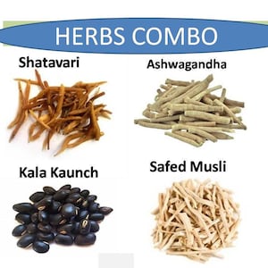 May include: Four different types of dried herbs: Shatavari, Ashwagandha, Kala Kaunch, and Safed Musli. The herbs are arranged in a grid pattern on a white background. HERBS COMBO is written in blue at the top of the image.