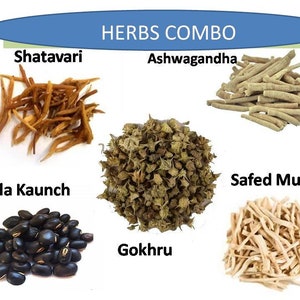 May include: A collection of dried herbs, including Shatavari, Ashwagandha, Kala Kaunch, Safed Musli, and Gokhru. The herbs are arranged in a circle with the name of each herb written below it. The title "HERBS COMBO" is written at the top of the image.