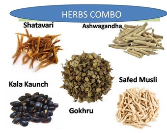 Herbal Supplement Combo: Shatavar, Gokhru, Safed Musli, Kaunch Seeds, Ashwagandha (2-4 Oz)