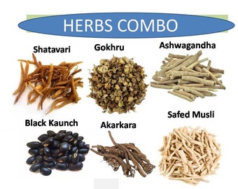 Combinación de hierbas: Shatavar, Gokhru, Safed Musli, Kaunch Seeds, Ashwagandha, Akarkara